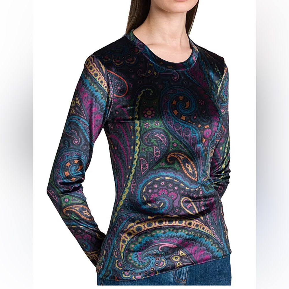 Etro Emerald Paisley Velvet Long-Sleeve Top